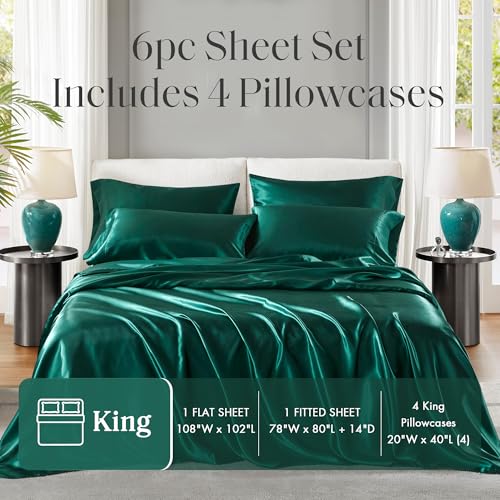 Image of Madison Park Essentials Satin Sheets King Size Bed Set, 6 Piece, Emerald | Luxury and Smooth Silky Bedding with Natural Sheen, All Around Elastic 14 inch Pocket fits up to 16 inch Mattress, Year-Round Cozy