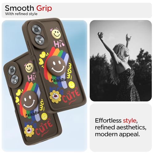 Image of Pikkme Back Cover for Oppo A38 4G / Oppo A18 4G | Soft Silicone| Cute Rainbow Smile & 3D Cartoon Flower Design | Shockproof Raised Camera Protection Bumper Case (Brown)