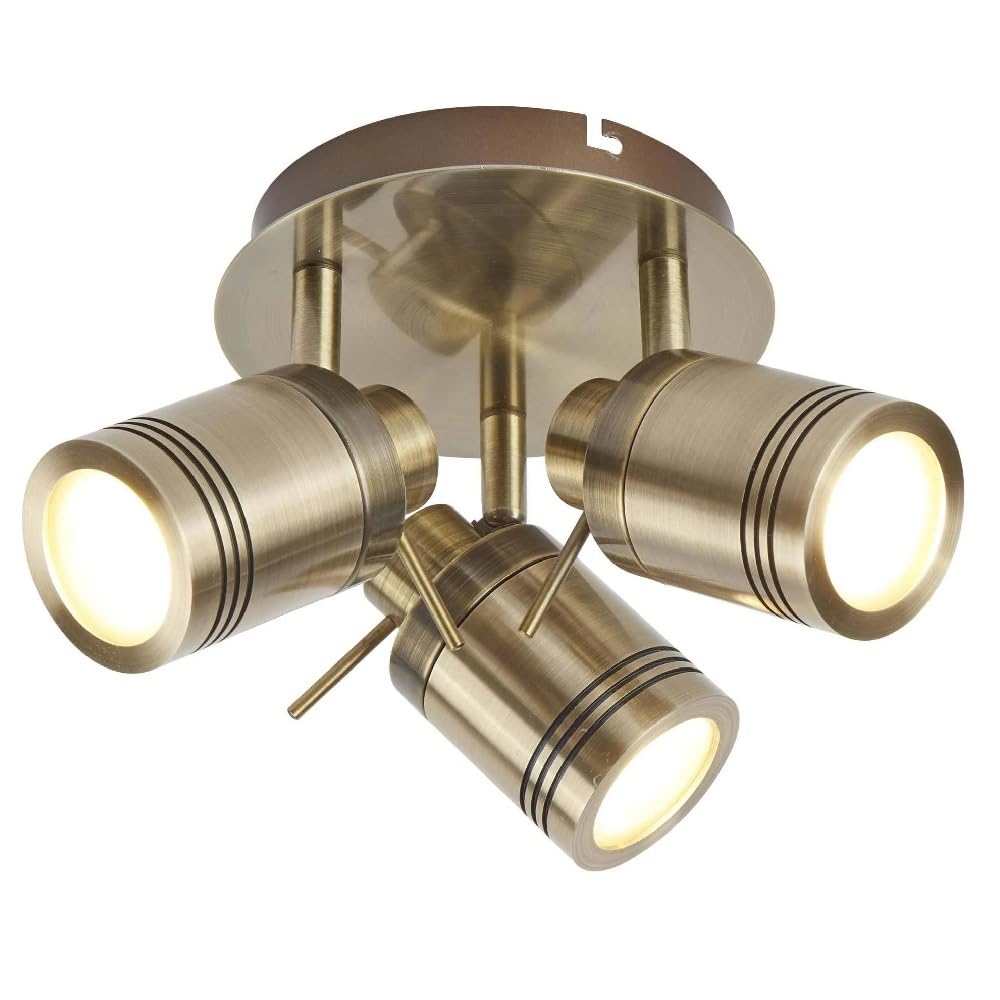 Antique Brass Bathroom 3 Lamp Adjustable Round Plate Ceiling Spot Light | 28cm Diameter | IP44 Rating | Cylindrical Heads | 3 x GU10 Lamps Required | 240V UK | Stainless Steel