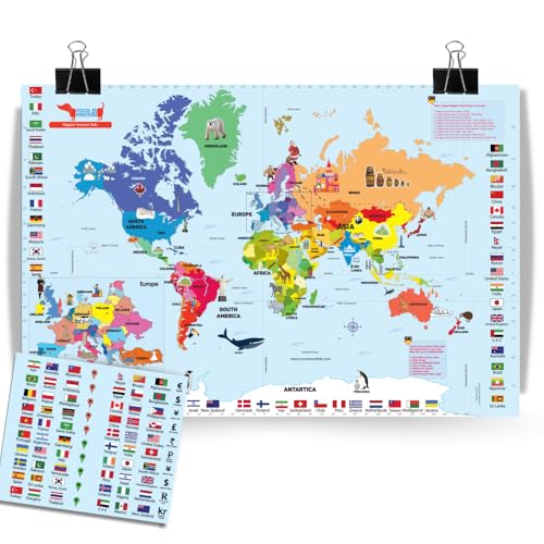 CocoMoco Kids World Map for Kids with Reusable Stickers, 24 x 36 inches Wall Poster with Countries, Flags, Continents - Geography for Kids, Stem Toy Activity Kit for 4-12 years boys girls
