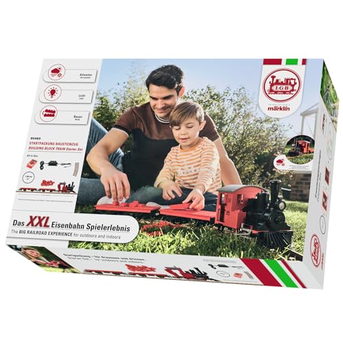 LGB – 90463 Gartenbahn Starterset Klemmbausteinzug mit Lokomotive und zwei Waggons, Outdoor-Eisenbahn, Spur G, 74.9 x 54.1 x 15.49 cm