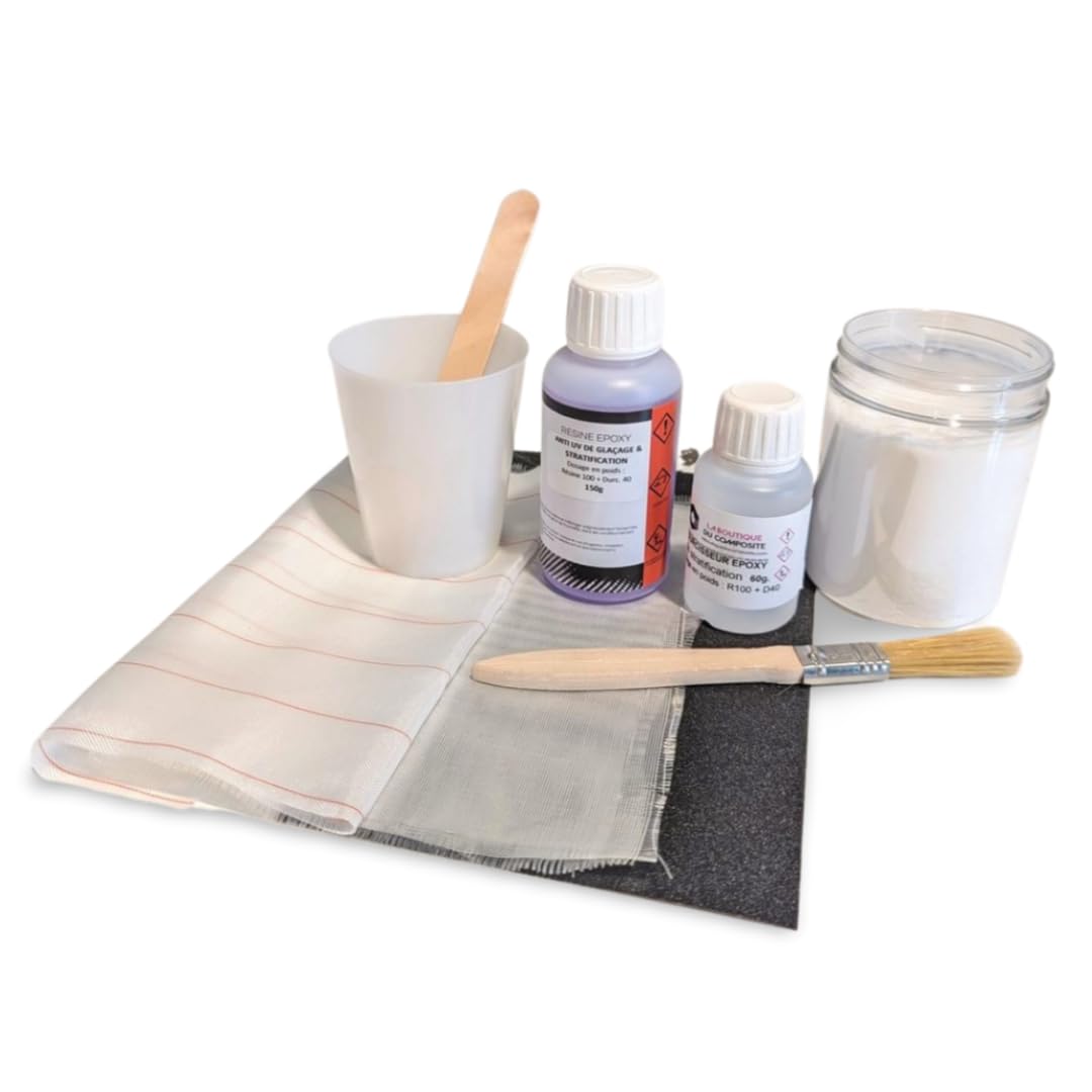 Kit de reparación epoxi surf/kite - resina antiUV compatible EPS + tejido de vidrio - repara estanqueidad y rigidez de las tablas