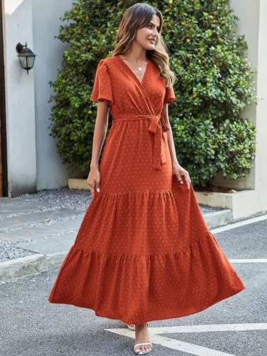 Image of MASCOMODA Women Boho Swiss Dot Maxi Dresses Wrap V Neck Flutter Short Sleeve Solid Tie Waist A Line Tiered Flowy Long Dresses