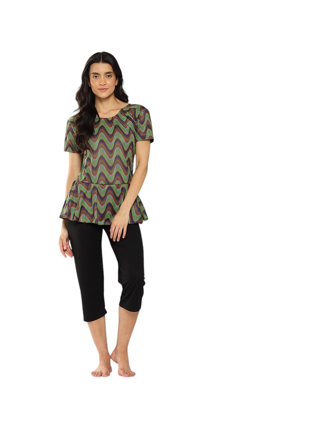 Womens Sports Wear Green-Black Colour Abstract Print Nylon Swim Suit