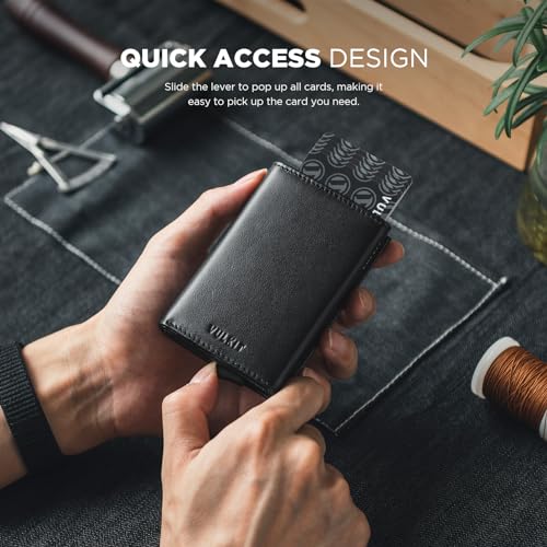 Image of VULKIT Pop up Card Wallet Minimalist Cash Wallets RFID Blocking Leather Smart Credit Card Holder with ID window for Men, Top-Grain Cowhide Black, Classic