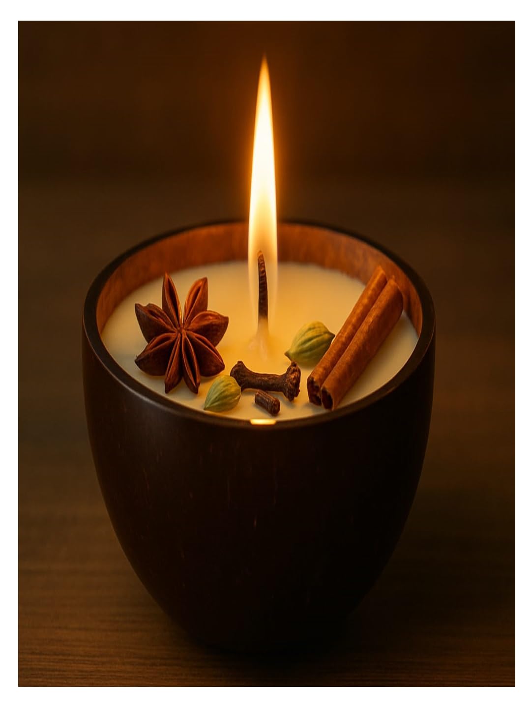 GK Wax Handmade Coconut Shell Candle with Spices | Round Wooden Base | Natural Soy Wax | Eco-Friendly Aromatherapy Candle | Rustic Reusable Décor Bowl-picture-27