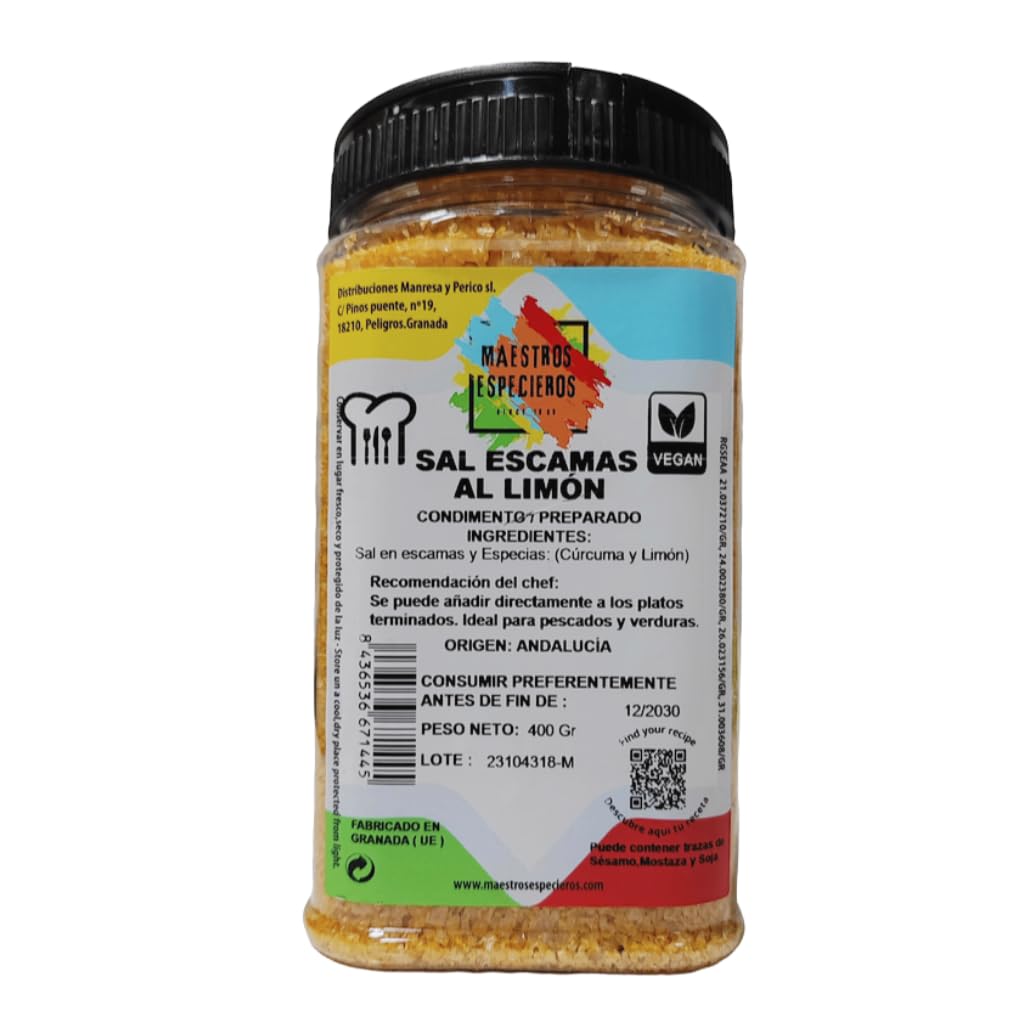 Sal en Escamas con Limón y Cúrcuma 400g – Maestros Especieros Gourmet Artesanal de Origen Andalucía – Sabor Intenso y Natural – Toque Exótico para tus Platos