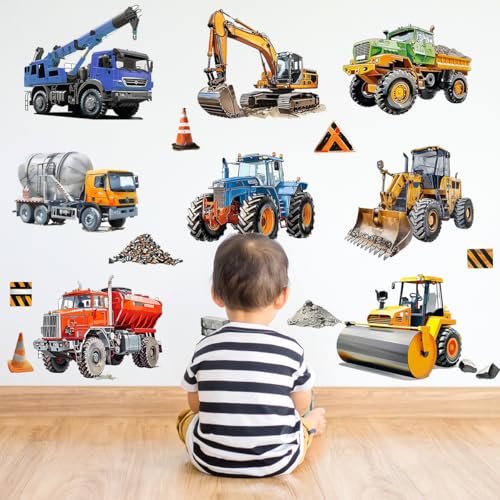 WandSticker4U®- Grand stickers muraux enfant enfants garçon VOITURE XXL I Autocollant mural garçon véhicule engins de chantier tracteur pelleteuse grue I...