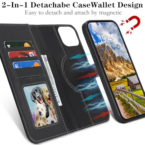 Image of Detachable Genuine Leather Case for iPhone 15 Wallet Case Magnetic 2in1 Removable Flip Cover Book Purse Compatible with Magsafe Charging Kickstand Card Holder-Black