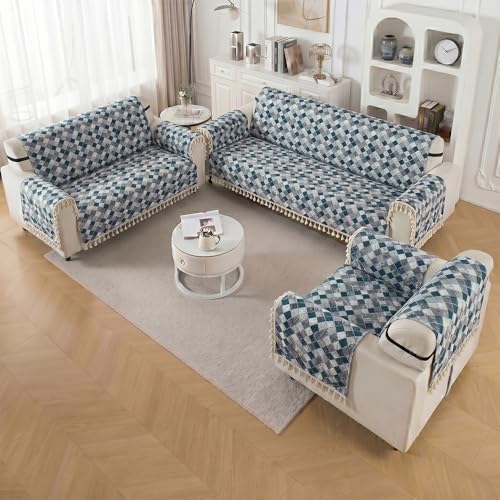Image of Story@Home Sofa Cover 6 Seater Fully Covered | Sofa Covers 3 Seater and 2 Seater and Single Sofa Cover - 3+2+1 Sofa Set Cover Configuration | Sofa Mat with Sofa Back Covers & ArmRest - Grey & Cyan