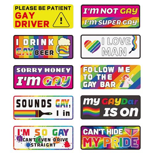 BOXOB 10pcs Funny Gay Bumper Stickers, Waterproof Funny Car Magnets Gay Pride Stickers LGBT Magnetic Bumper Decals Reflective Rainbow Car Decals for Vehicles and Trucks