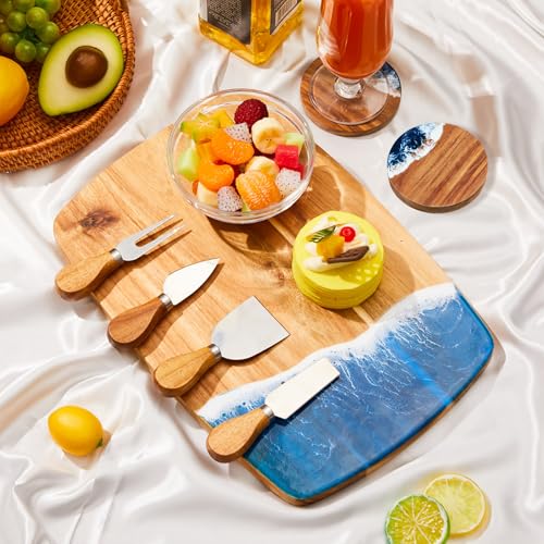 Set de tablas de cortar y cuchillos de queso Ocean Resin 9 pzas miniatura 4