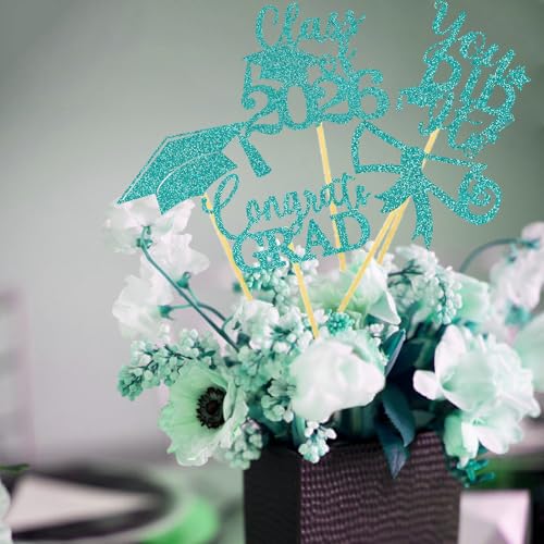 Image of Graduation Centerpiece Sticks 24PCS Glitter Grad Picks Party Table Decor Senior High School College Sign Teal