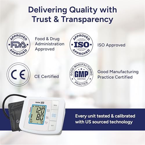 Image of 1MG Tata Arm Blood Pressure Monitor | Fully Automatic Portable Digital BP Machine For Home | Large LCD Display | Powered With USB Cable Or AA Batteries | Stores 90 Sets Of Memory For 2 Users, White