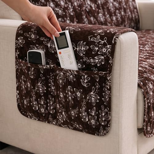 Image of STITCHNEST 'Opulence Series' Floral Woven Sofa Cover for 1 Seater | Premium Soft Fabric Sofa Protector | Brown Floral Pattern with Armrest Pockets | Durable Living Room Furniture Cover