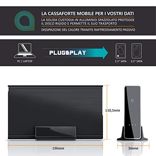 CSL - Case per Hard Disk 3.5 Pollici Esterno USB 3.0 - Custodia in Alluminio- per SSD e HDD - SATA - UASP - Super Speed 5 Gbit s - Plug e Play - Hot-Plug - con Alimentatore Incluso - Nero anodizzato
