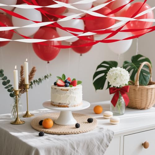 Image of 4 Crepe Paper Streamers Rolls, 328ft Pack of Red and White Crepe Paper for Birthday Baby Shower Wedding Christmas Valentines Day Party Decorations (1.8 inch x 82 ft /Roll)