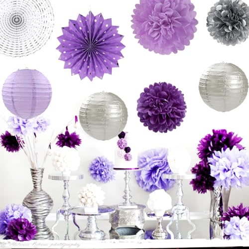 Image of Purple Lilac-Lavender Silver Women Birthday Party-Decorations - 21pc Happy Banner,Paper Lanterns Streamers,Tissue Pom Poms Honeycomb Flower Fan, Girls Hanging Decor Supplies Garland Backdrop Huglony