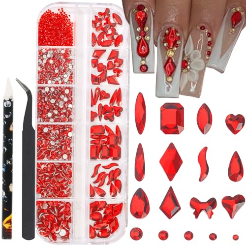 HNUIX Red Nail Rhinestones Kit Flatback Crystal Siam Red Glass Gems Stones 1450Pcs Nail Art Gems Diamonds Jewels Multi Shapes Sizes Nail Charms Tweezer & Wax Pen for Nails DIY Faces Eyes Makeup