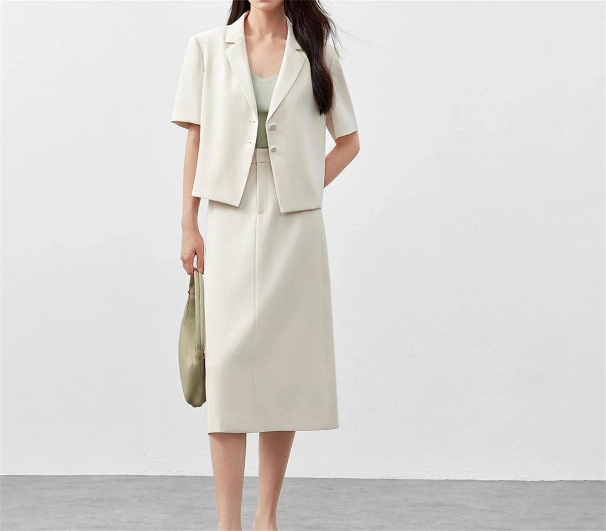 Women's Skirt Suit Spring Summer Crop Notched Pearl Button Blazer And Straight Chiffon Skirt Two Piece Set