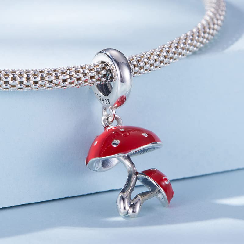 Dijes de seta roja de plata de ley 925, colgantes, compatibles con pulseras, collares y bisutería.