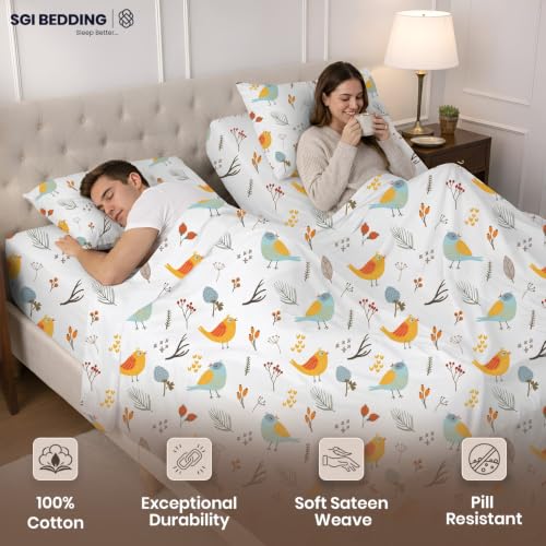 Image of SGI Split King Sheet Set for Adjustable Bed Egyptian Premium Cotton 600 Thread Count Sheets for Sleep Number Bed 15 inch Deep Pocket 5 Pc Set with 2 Twin XL Fitted Sheets Soft Breathable - Spring Bird