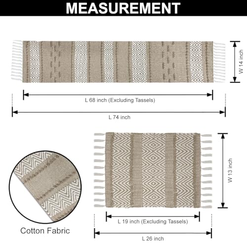 Image of Luxe Home Cotton Table Placemats with Runner Set for Dining Table 4 Seater Rectangular Woven Mats with Tassels (Placemats 66x33 cm + Runner 180x33 cm) - Beige