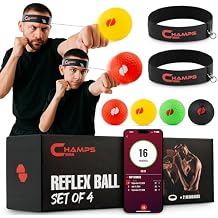 Champs MMA Boxing Reflex Ball Set with Punch Counter App 4 Box Balls with Varying Weights, 2 Headbands and 4 Spare Strings to Improve Speed, Hand-Eye Coordination for Men, Reaction Ball Gift