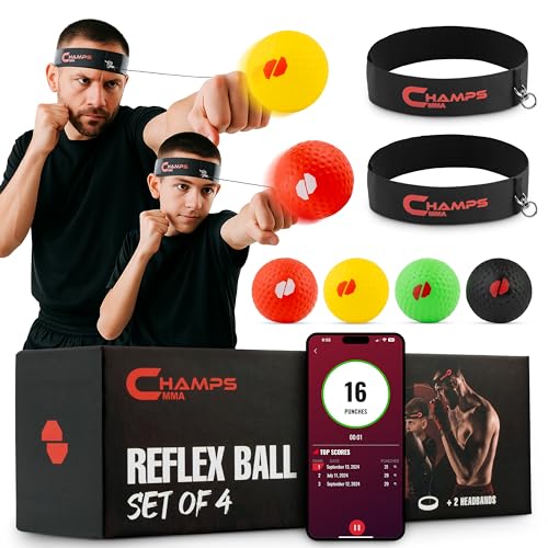 Boxing Reflex Ball Set with Punch Counter App– 4 Box Balls with Varying Weights, 2 Headbands and 4 Spare Strings to Improve Speed, Hand-Eye Coordination for Men, Kids Boxing Equipment MMA Gear Gift