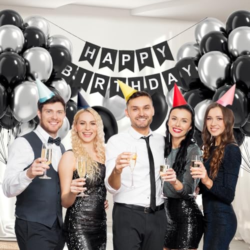 Image of 12inch Black and Silver Balloons with Black Metallic Silver Balloons | Graduation, Birthday Party Decorations for Men