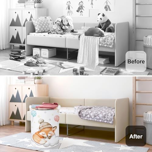 Image of Sleeping Animals Baby Laundry Hamper Collapsible Clothes Kids Storage Basket Large Boys Girls Gift Toy Box Bin for Nursery, Fox, 63L