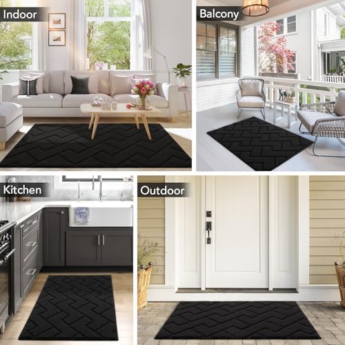 hicorfe Indoor Door Mat,20"x32"Non Slip Door Mats,Front Back Doormat Rubber Backing,Absorbent Resist Dirt Floor Mats Low-Profile Entrance Rug Washable Inside Entryway(Black) - 1
