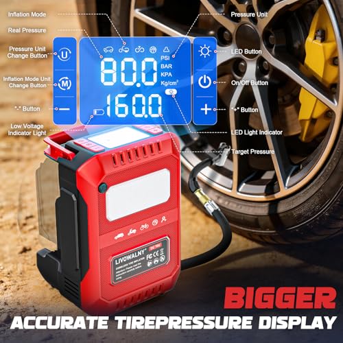 Image of LIVOWALNY 5X Faster Tire Inflator Air Compressor, 160PSI Cordless Air Pump Compatible with Milwaukee 18V Battery with Digital Pressure Gauge, Deflator & Auto Shut-Off for Car, Bicycle (Tool Only)
