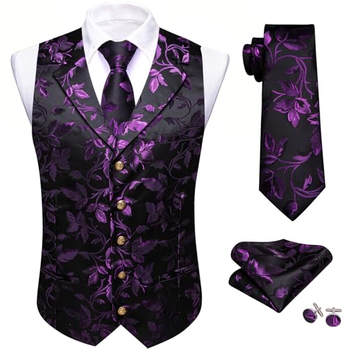 Barry.Wang Mens Silk Lapel/Shawl Collar Vest Tie Sleeve Holder Set Formal/Casual Paisley Vests Wedding Tuxedo Waistcoat3