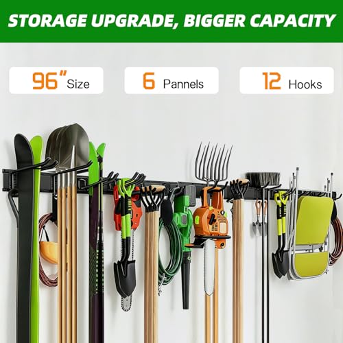 Image of PIYILO Garage Wall Organizer, 96 in Garden Tool Organizer with 12 Adjustable Garage Hooks and 3 Storage Straps, Heavy Duty Tool Holder Wall Mount for Garden & Shed Tools