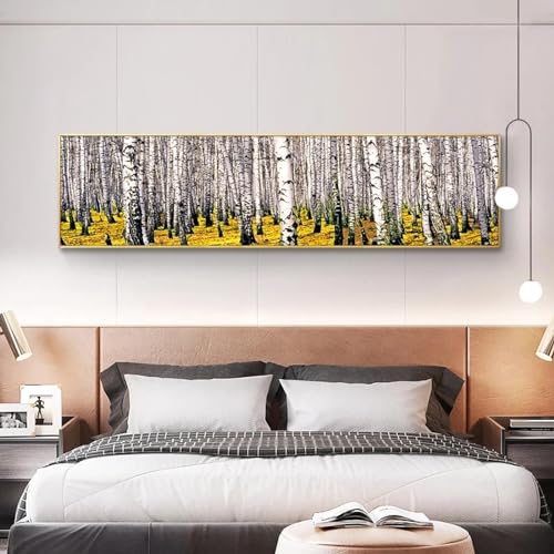 Grand tableau forêt de bouleaux 55x165 cm pour habiller un grand mur de salon vide sans cadre