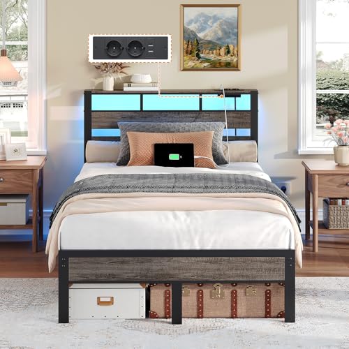 HOOBRO Lit 140 x 200 cm avec Sommier Métal, LED, Multiprise et Espace de Rangement, 2AC, 2USB-A,...