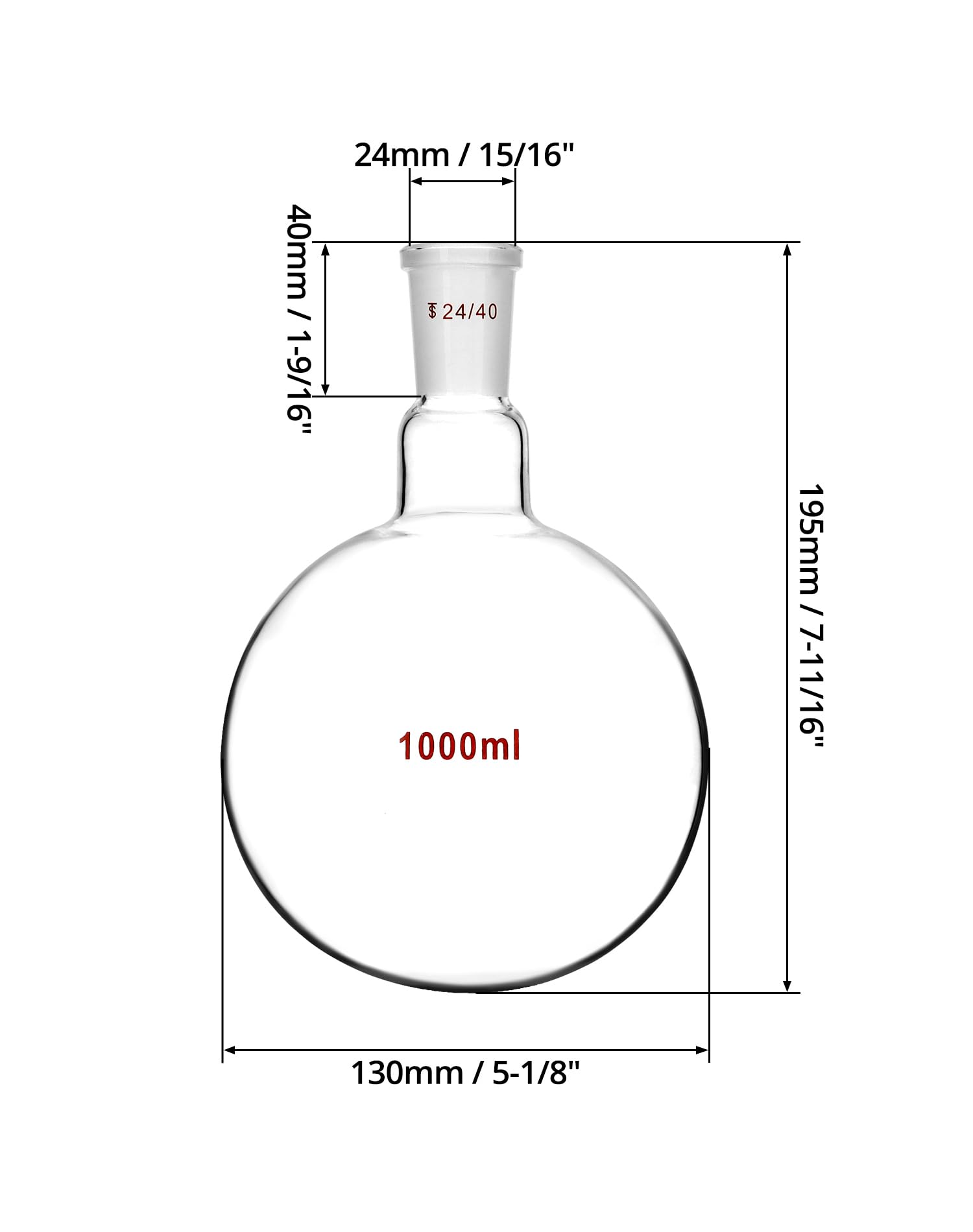 QWORK Fiaschetta in vetro borosilicato da 1000 ml con giunto esterno conico standard 24/40, fondo rotondo a collo singolo, confezione da 2