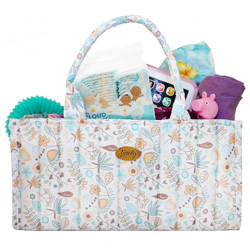 Image of Floral Diaper Caddy Organizer, Caddy For Baby Stuff, Quilted Washable Car Storage for Newborn Toddler, Portable Nursery Storage Organizer for Changing, Waterproof Fabric Shower Basket, Floral Bag