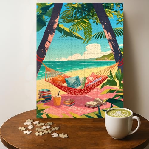 Beach Hammock TIME Jigsaw Puzzle - 500 Pieces Wooden Puzzle for Adults, Wall Art Gift, Finished Size: 20 x 15 Inch