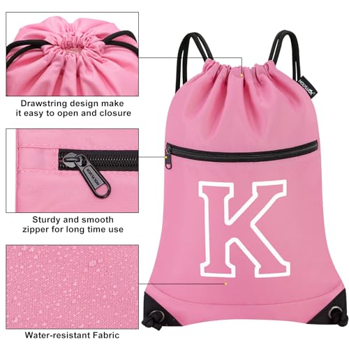 Image of HOLYLUCK Drawstring Bags Initial Backpack Sackpack Cinch Bags for Sports, Gym, Travel, Beach (Pink-K)