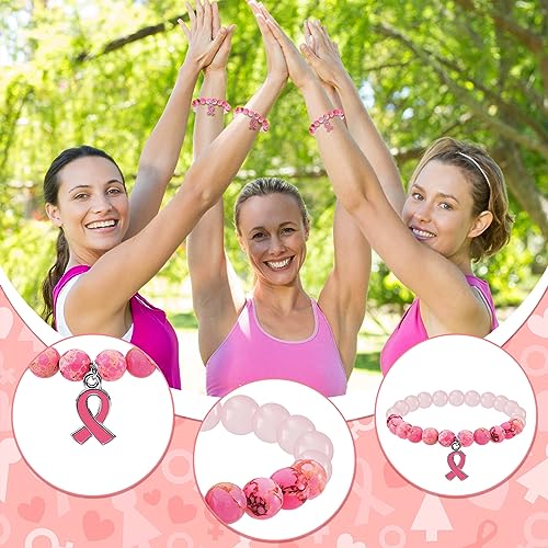 Karenhi 12 Pcs Breast Cancer Awareness Beaded Bracelets Pink Ribbon Charm Bracelets Breast Cancer Survivor Gifts for Women4