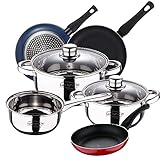 Batería de cocina de 5 piezas, compuesta por 1PC cazo sin tapa Ø16X7.5CM 1.5L / 1PC cacerola con tapa Ø18X8,5CM aprox. 2.0L / 1PC cacerola con tapa Ø20X9,5CM aprox. 3.0L