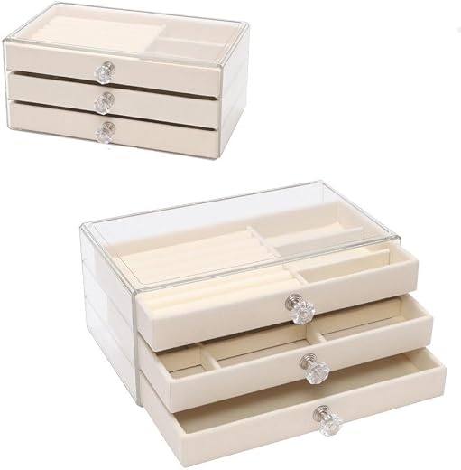 Copiel Acrylic Jewelry Box Organizer, 3 Layer Clear Jewellery Case, Velvet Drawers Jewelry Trays Grid for Women &amp; Girls Ea...