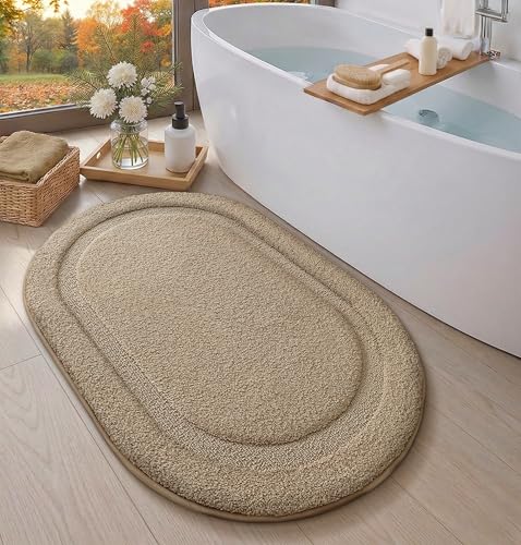 Image of Color&Geometry Oval Beige Bathroom Rugs 43x24, Extra Soft Absorbent Microfiber Bath Rugs, Non-Slip Bathroom mat, Washable Plush Bath Mats for Bathroom, Shower, Bathtub, Laundry, Beige