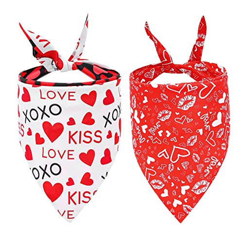 Valentine's Day Cute Dog Bandanas - 2Pcs Birthday Gift Washable Heart Printing Red Pink Dog Bib Double Reversible Scarf Adjustable Accessories For Small To Large Dog Puppy Cat #TOP26