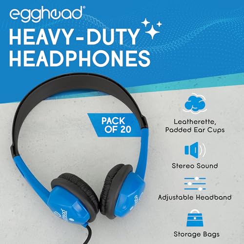 Image of Egghead Heavy-Duty Kids' Stereo Headphones with Padded Ear Cups and 4' Cord, Adjustable Tangle-Free Stereo School Headphones, Pack of 20, Blue