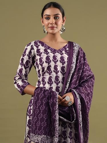 Image of INDO ERA Women's Pure Cotton Printed Straight Kurta & Pant with Dupatta Set