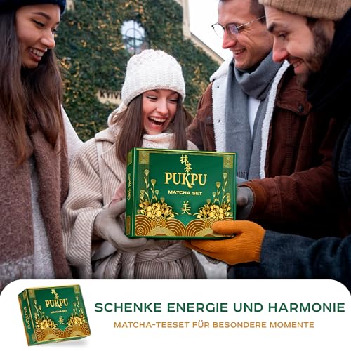 PUKPU Matcha Tee Set – Japanisches Ceremonial Set mit Matcha Pulver, Bambusbesen Chasen, Chashaku Löffel, Matcha Schale & Sieb – Traditionelles Geschenkset für Tee Liebhaber & Anfänger