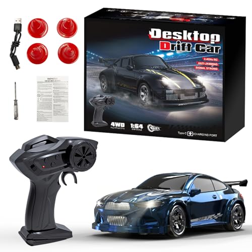 Image of 1:64 Scale Mini RC Drift Car, 2.4GHz 4WD Desktop Drift Car (Blue) | Handheld Drift Car, Full Proportional Model Vehicle with LED Lights, Multiple Drift Modes, Racing Sport Toy for Adults Teens